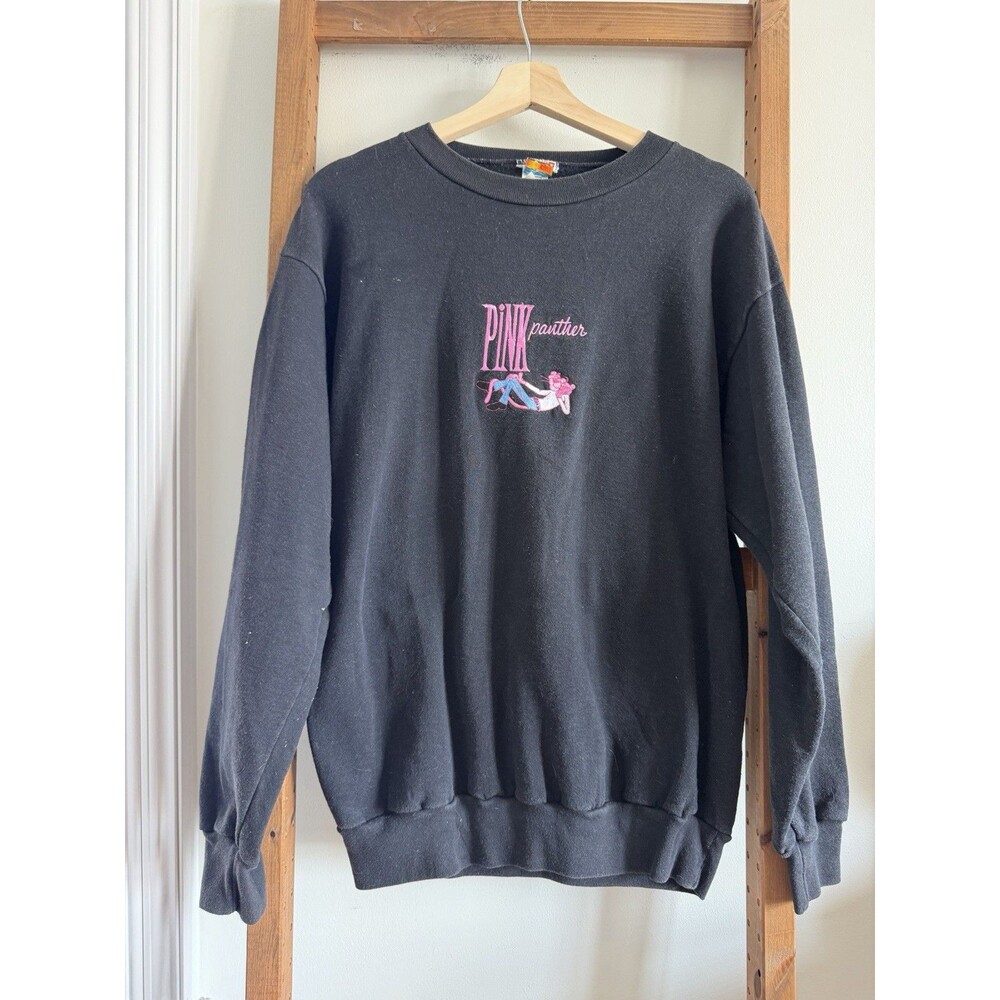 VTG 90s Pink Panther Bell Bottoms Embroidered Sweatshirt Black Sweatshirt Large